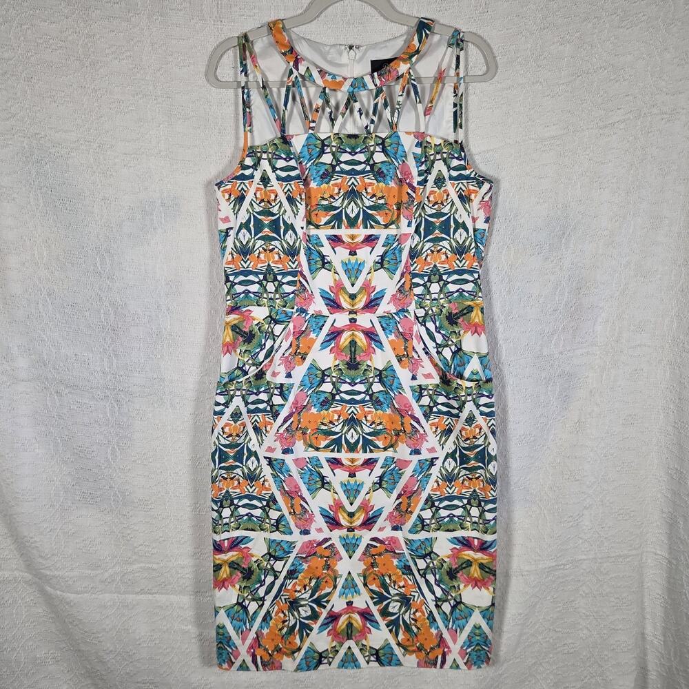 Adrianna Papell Sheath Dress Sz 12 Multicolor Floral Geometric Sleeveless Lined‎